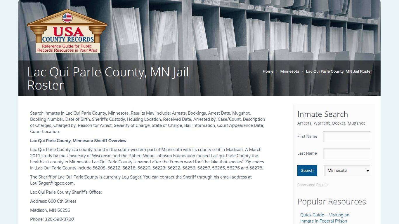 Lac Qui Parle County, MN Jail Roster | Name Search